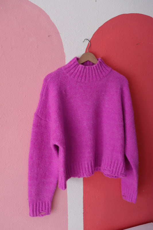 Mock Neck Sweater Distress Sweater | Hot Magenta