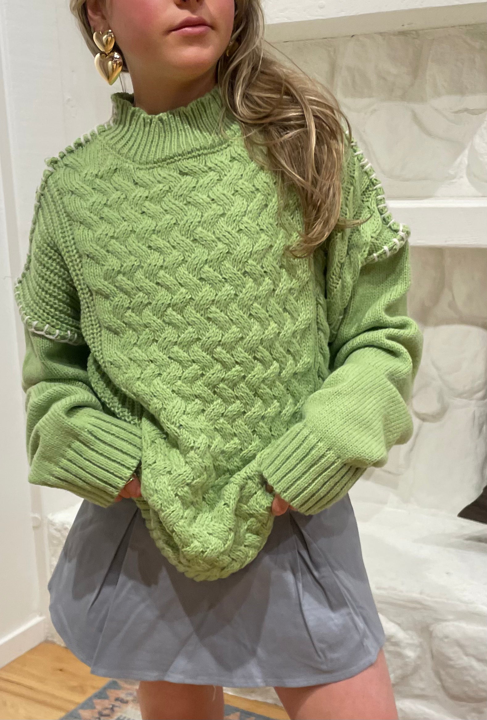 Cable knit trim stitchy sweater clearance