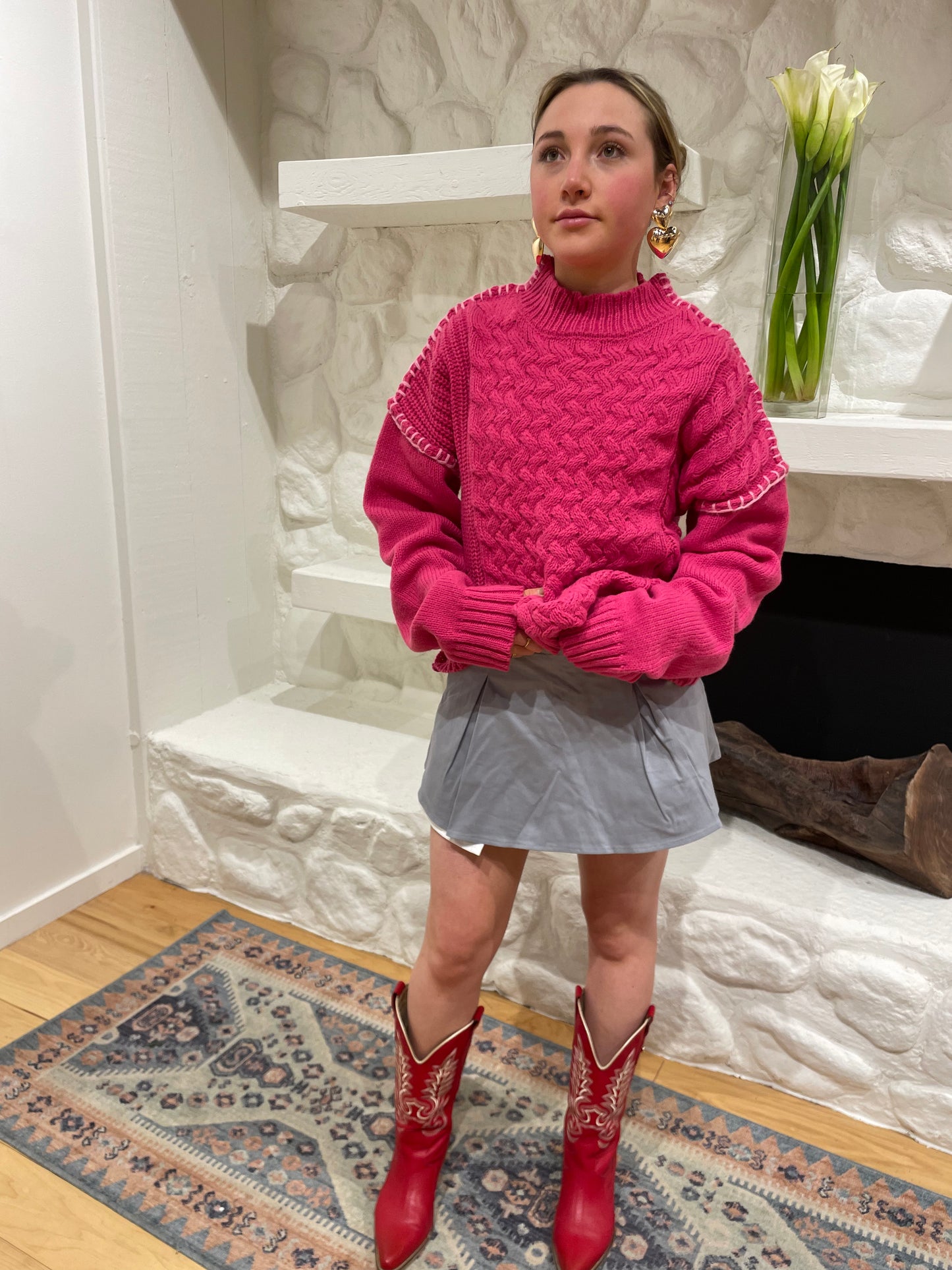 Stitch Hem Cable Knit Sweater | Hot Pink