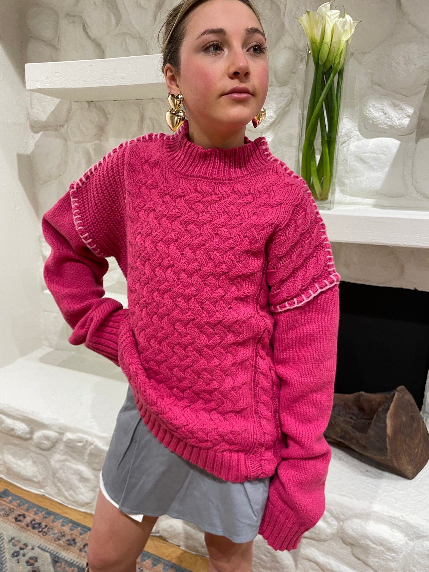 Stitch Hem Cable Knit Sweater | Hot Pink