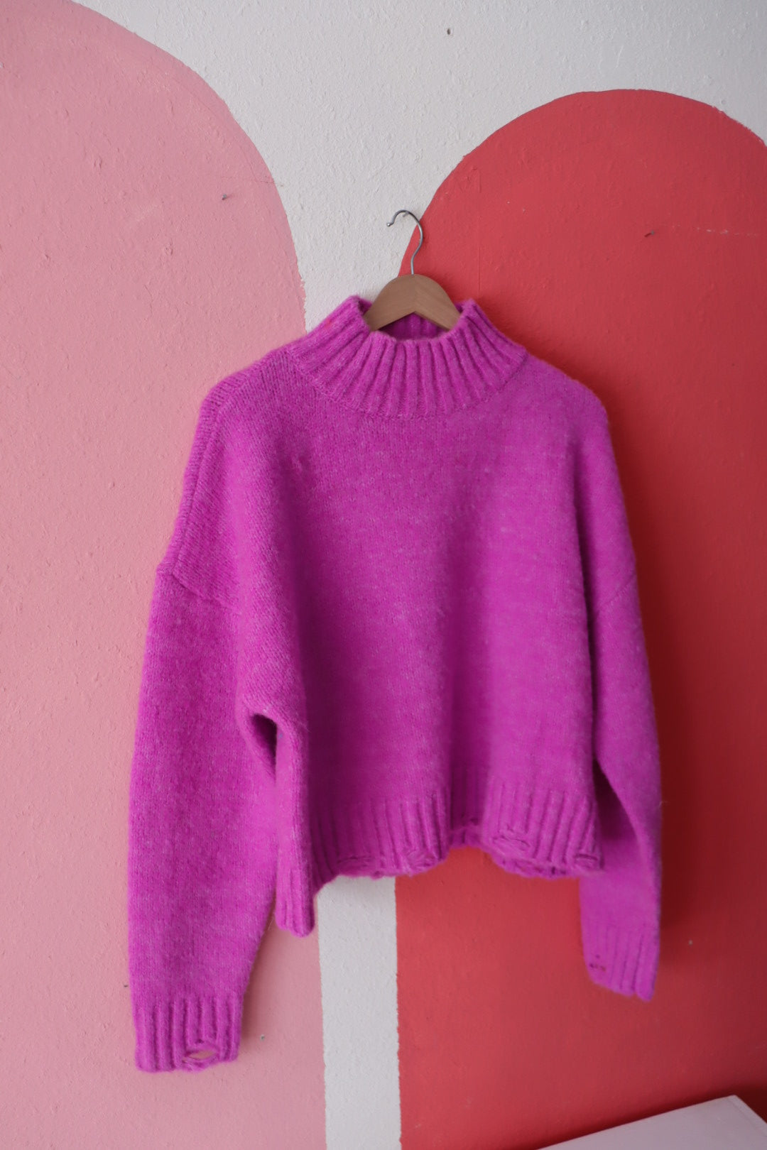 Mock Neck Sweater Distress Sweater | Hot Magenta