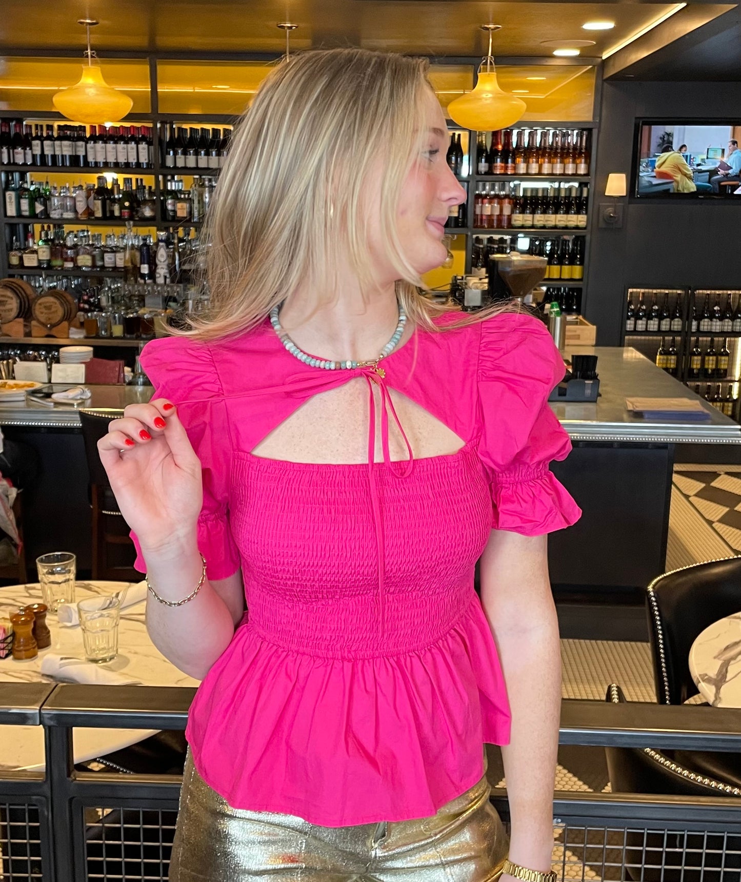 Smocked Peplum Tie Collar Blouse | Fuchsia