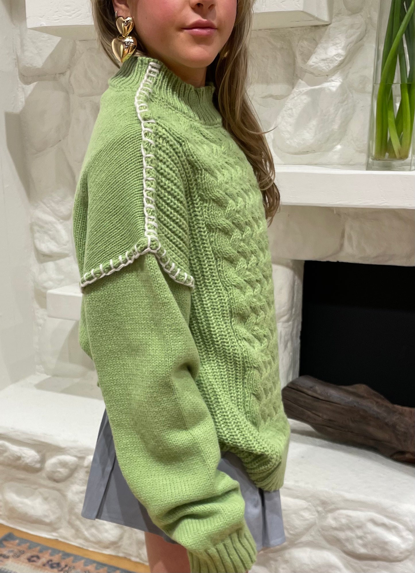 Stitch Hem Cable Knit Sweater | Lime