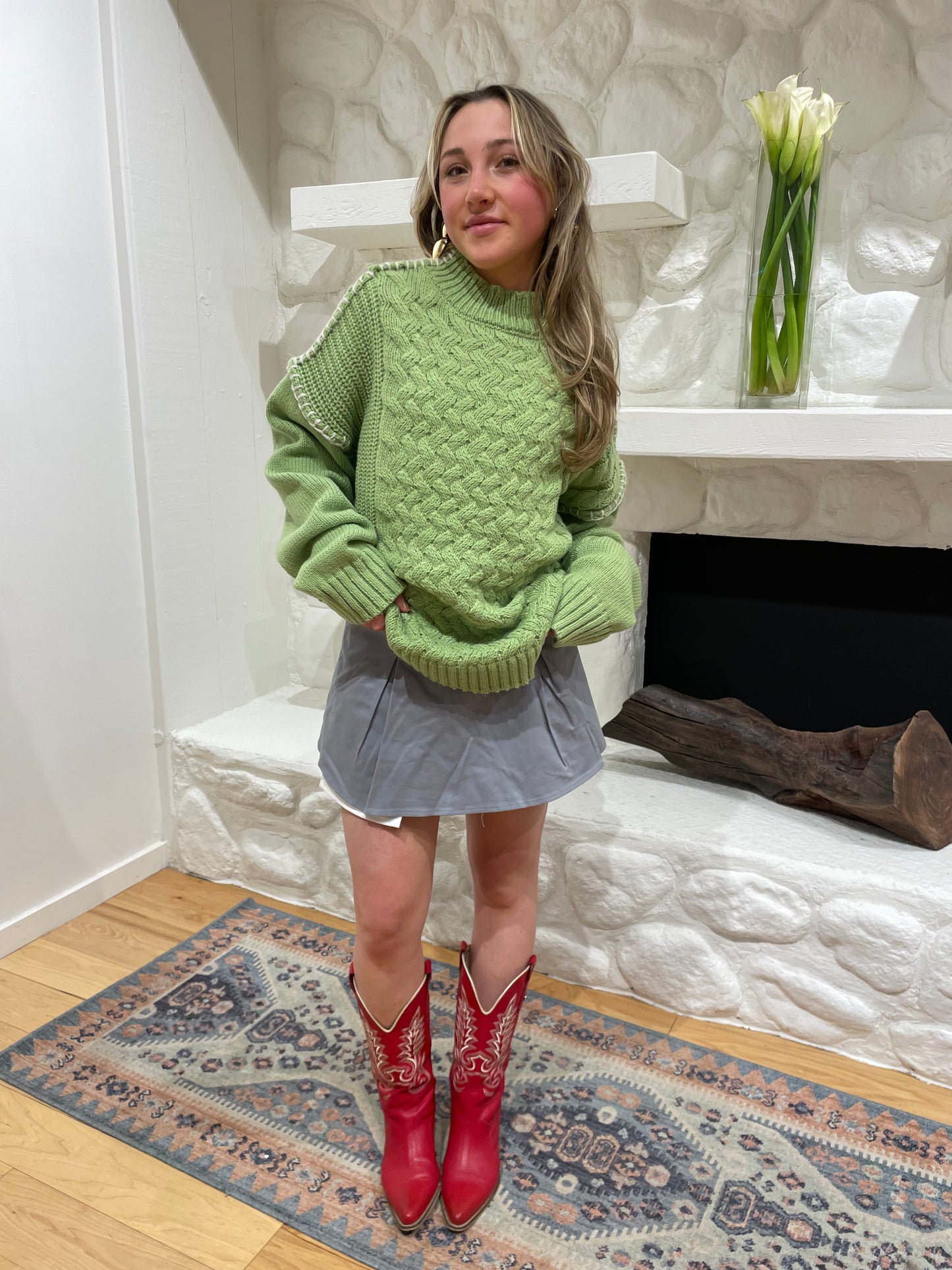 Stitch Hem Cable Knit Sweater | Lime