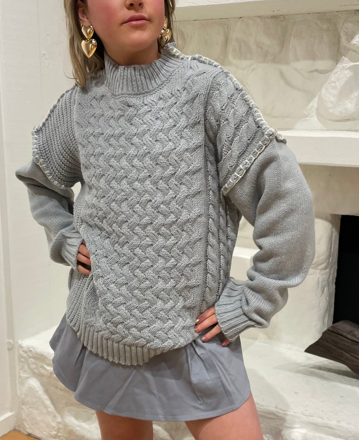 Stitch Hem Cable Knit Sweater | Blue Grey